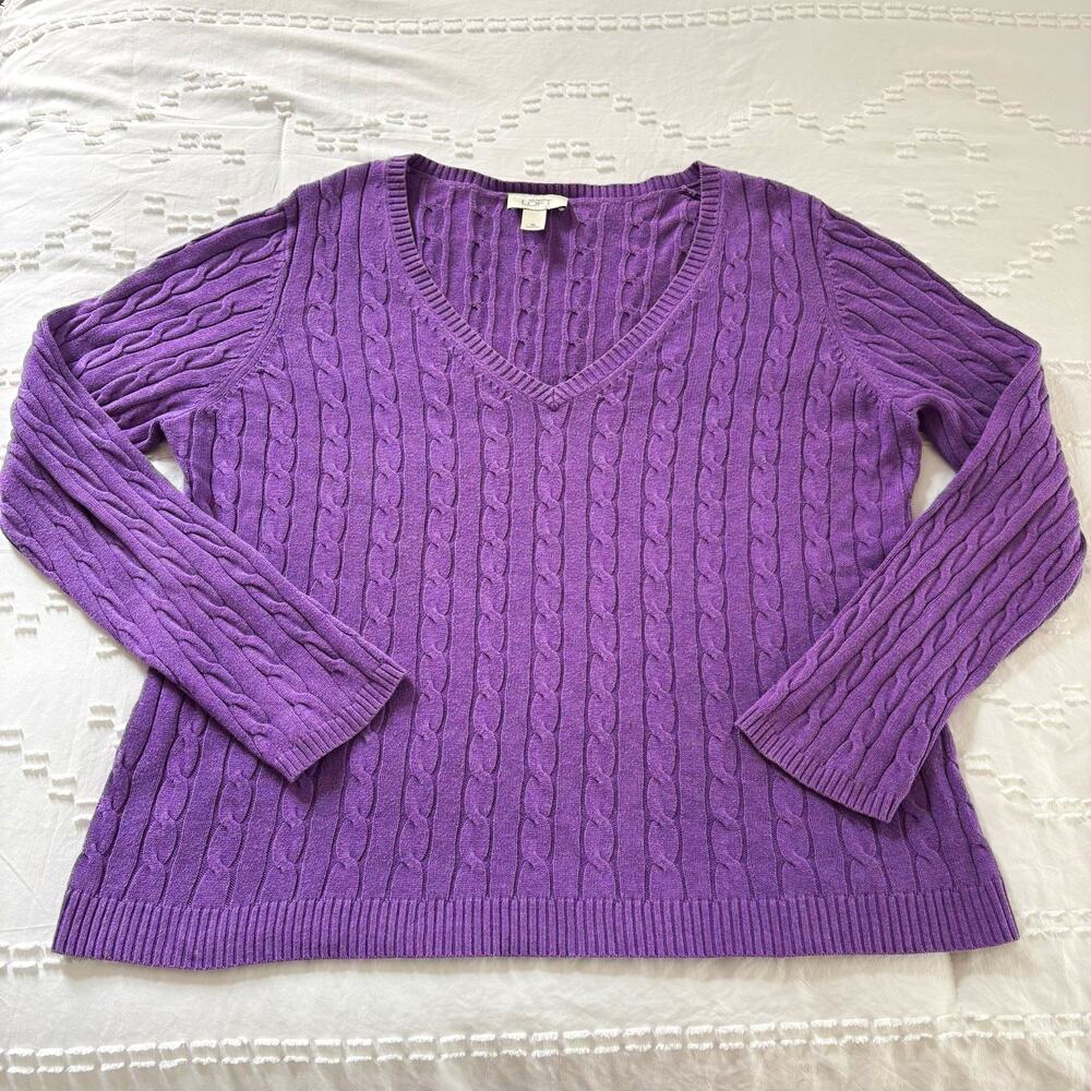 Ann Taylor LOFT Women’s Purple Lilac Plum Cable-Knit V-Neck Pullover Sweater XL
